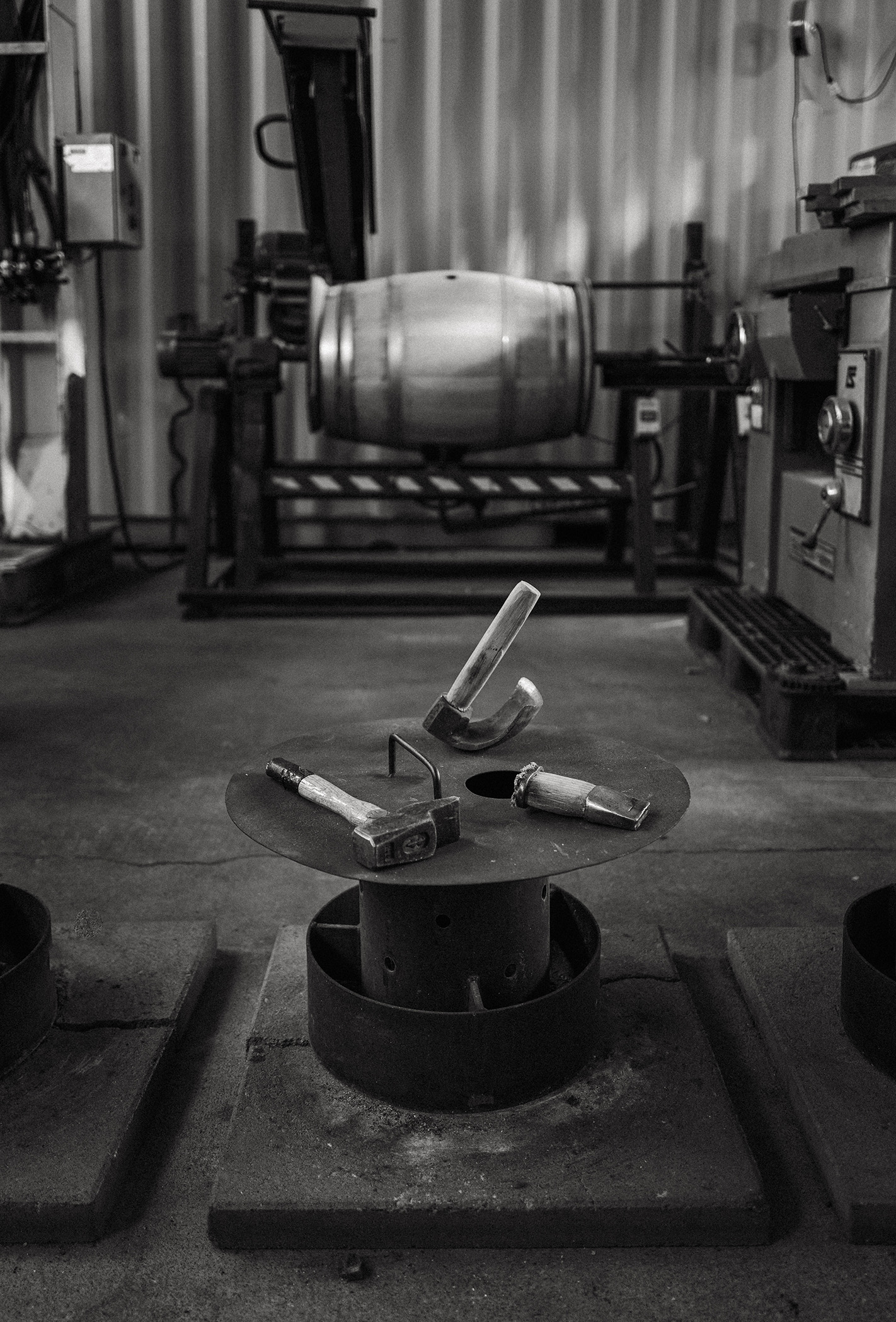 Barrel making tools resting on metal surface