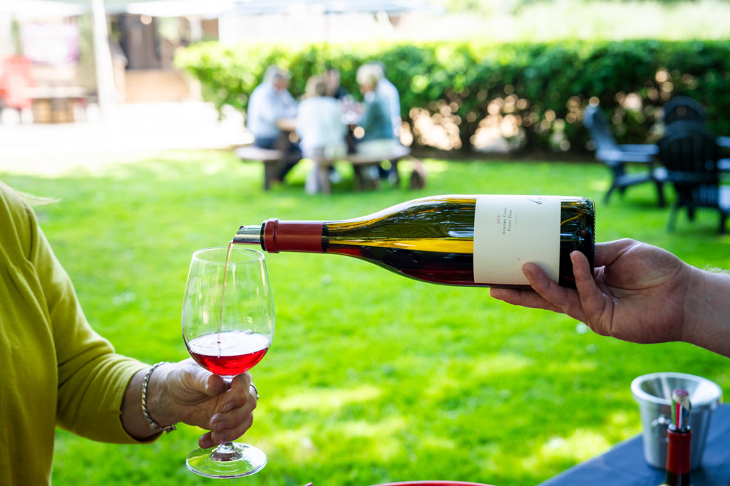 Serving Pinot Noir on the lawn in the back yard of the B. Wise Tasting Lounge in Kenwood, California
