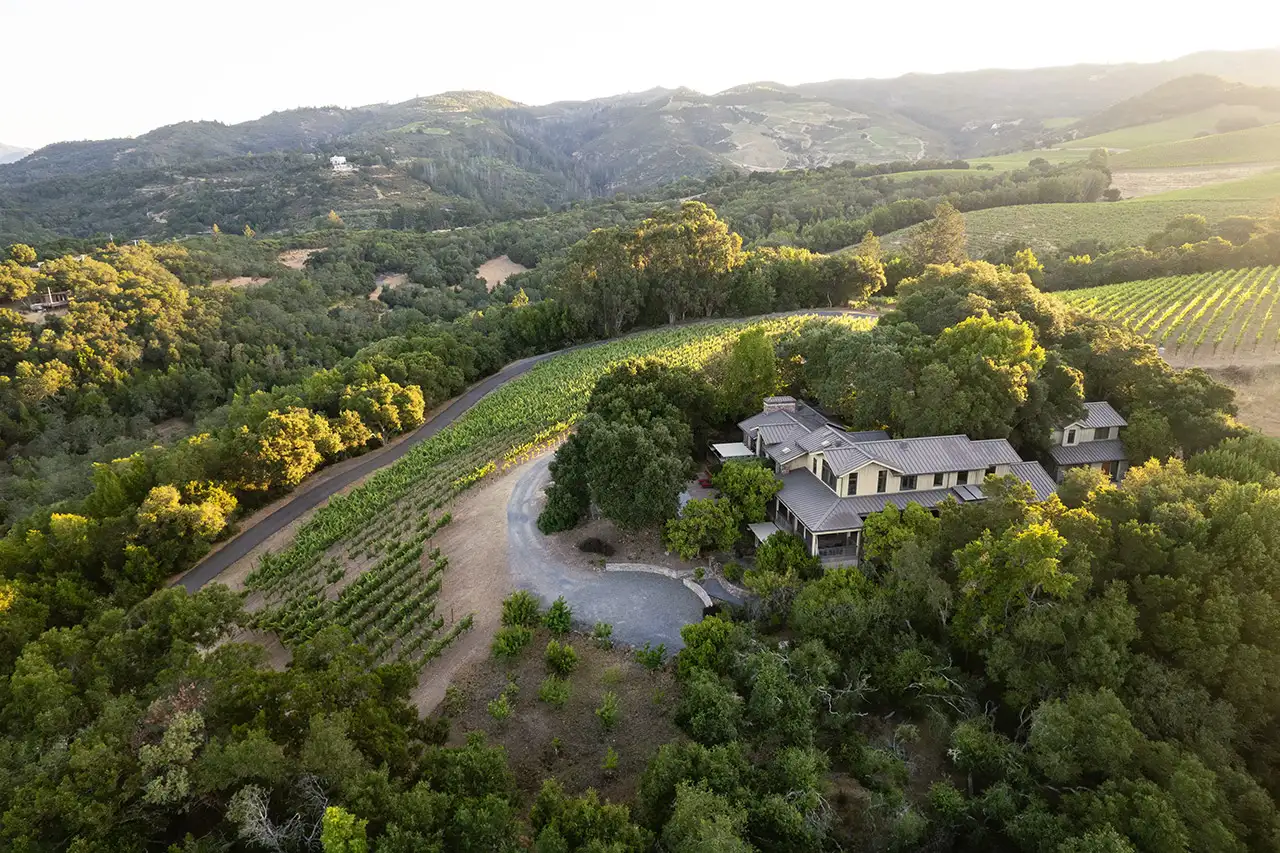 arial view of the vineyards with the lodge in the middle